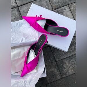 BALENCIAGA Knife Bow Satin Fuchsia Mules - Size 38.5 - NEW